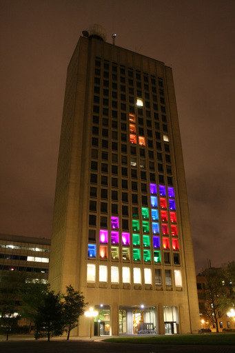 MIT students played Tetris on a building Friday night. Photo credit: Erik Nygren.