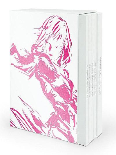 The soundtrack's cover is a pink outline of Yoshitaka Amano's rendition of Lightning.