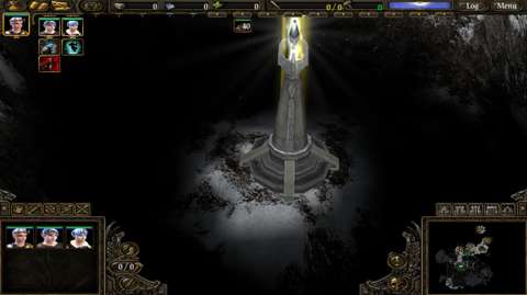 The fog-of-war system creates oddball sights such as this beacon tower sitting among murky pools of utter darkness.