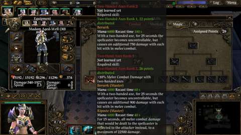 The tooltip for the description of the Two-Handed Axes skill is shown here. The text for Level 1 of this skill is out of the screen.