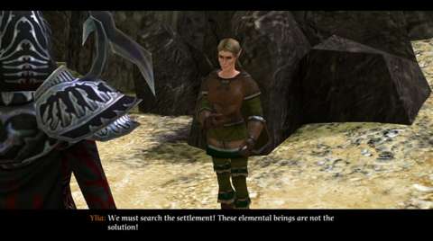 In this scene, the NPC is supposed to be making an exclamation that the “elemental beings” are not the cause of the settlement’s woes, but the phrase “solution” has been used instead of “cause”.