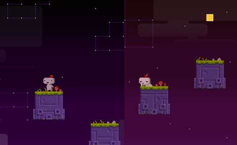 A very early scene in the game teaches the player how to rotate the world in order to find the next floating platform for Gomez to jump onto.