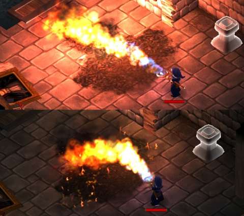 Using just one fire element results in a weak but long-lived fire spray (below), whereas using five fire elements results in a brighter, longer-ranged burst (above).