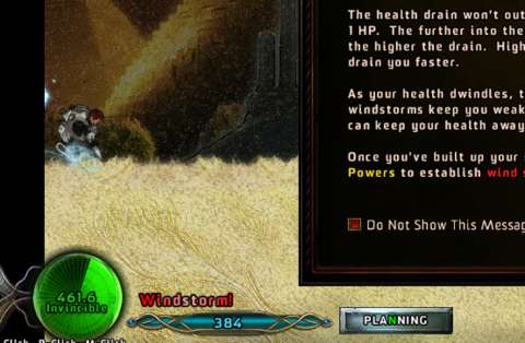 If the background graphical effects do not suggest so already, the game warns the player that he/she is in a stormy area with catchy text.