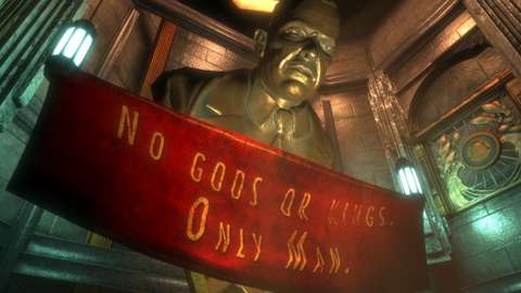 The large scowling statue with a simple slogan still makes a cheesy first impression, but most of the metaphorical meaning of the scene would become clear as the playthrough goes on.