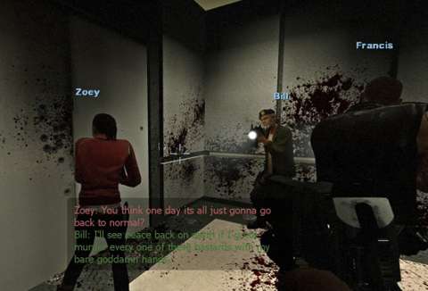 In safehouses and other relatively safe places, such as this elevator ride, the survivors will make remarks about their situation.