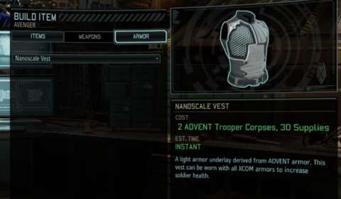Like the previous game, there is the gruesome requirement of corpses for some engineering projects. Of course, in the case of projects which require corpses of ADVENT soldiers, their equipment is (presumably) the materials for these projects instead of their flesh.