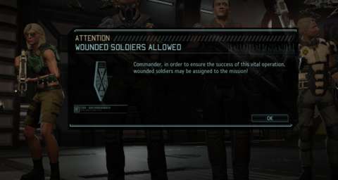 For the defense of the Avenger in “XCOM Hunt” missions, wounded soldiers will appear alongside healthy ones. Their performance does not appear to be impaired by their injuries though.