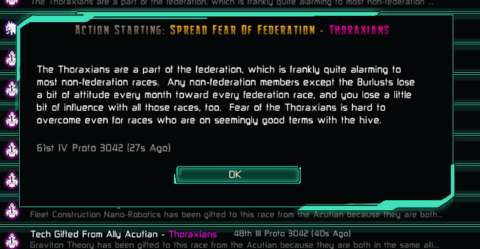 It might be wise to recruit the Thoraxians into the federation until much later in a playthrough.