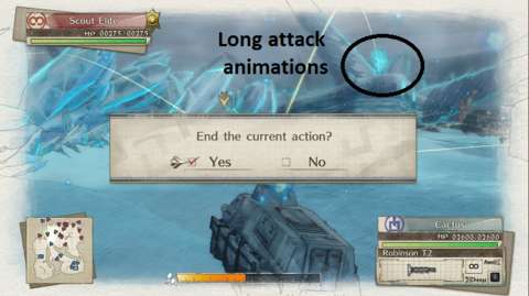 The enemy Valkyria has long attack animations; they can be cheesed by repeatedly bringing up the end-turn control input.