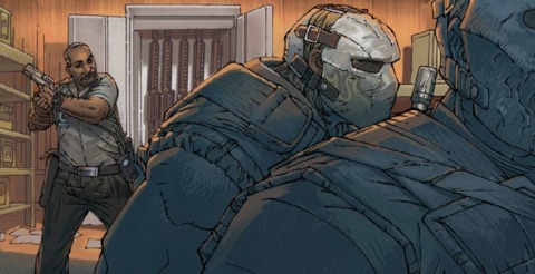 The illustration is some strange mix between an armored soldier and Jason from 'Friday the 13th.'