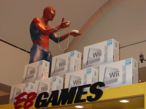 Stacks of Wii consoles tempt gamers, inside the EB Games store.