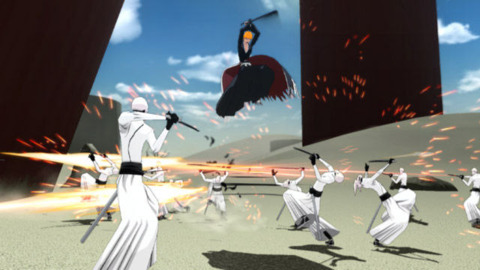 Main character Ichigo cutting up white-clad fools in style.