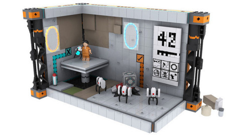 Chell inside a prototype Portal Lego Test Chamber.