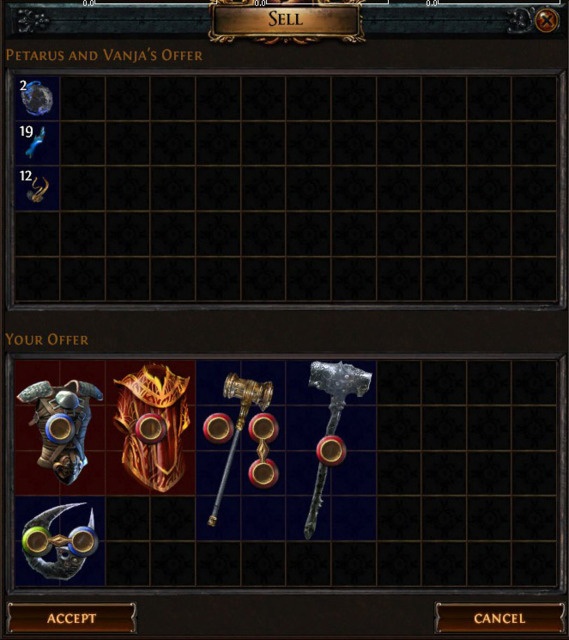The vendor offers alteration of alchemy shards for a series of rare items and a unique