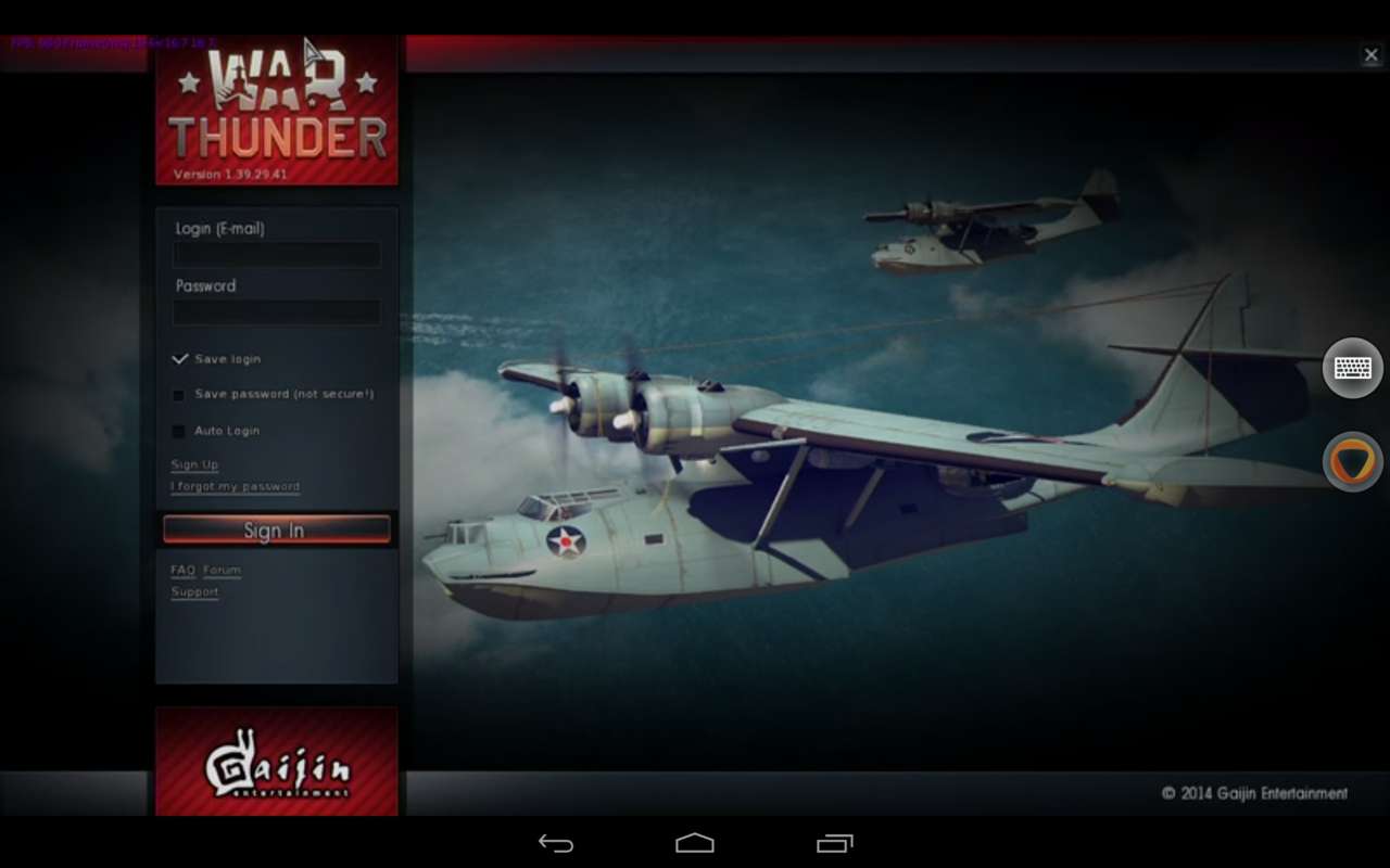 The War Thunder log-in page at OnLive