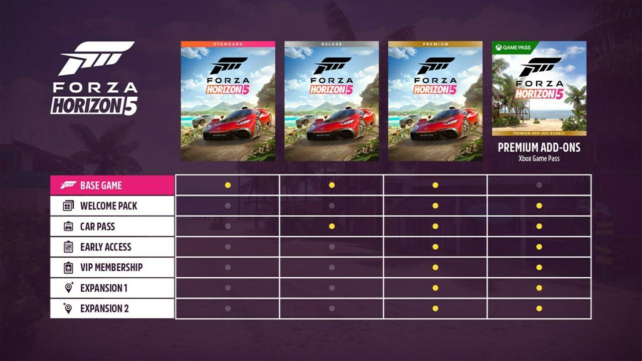 All the different versions of Forza Horizon 5