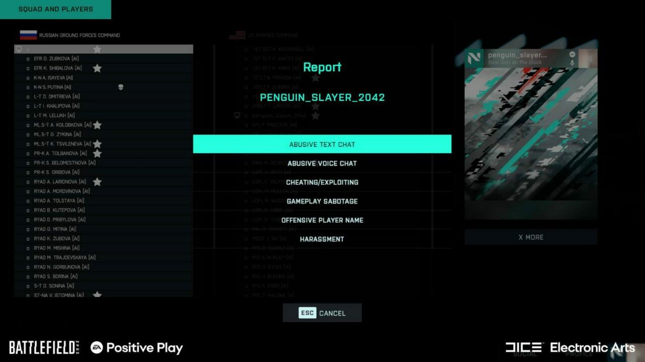 The in-game Battlefield 2042 reporting page