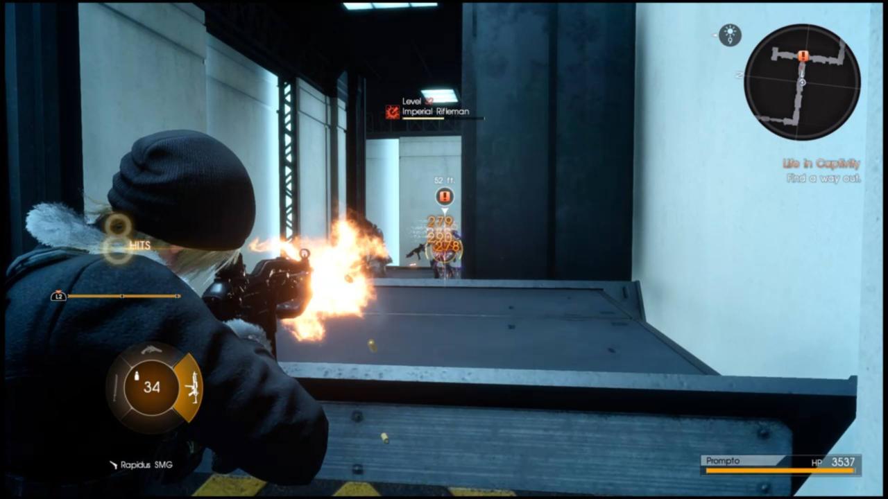 Prompto needs more time in the shooting range.