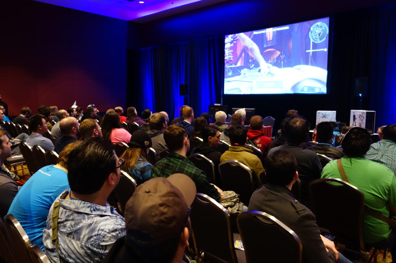 An entranced crowd in Gearbox's community room.