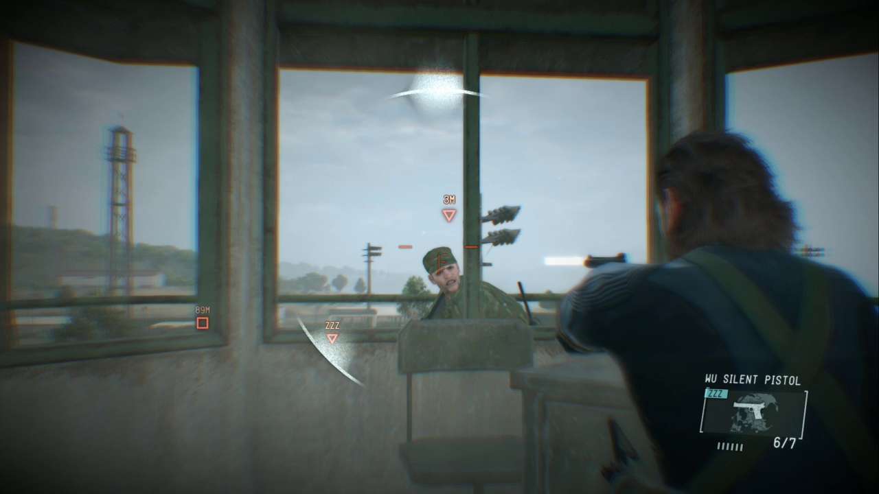 Getting a headshot with the silent tranquiliser pistol during Reflex mode means this guard will go down without sounding the alarm.