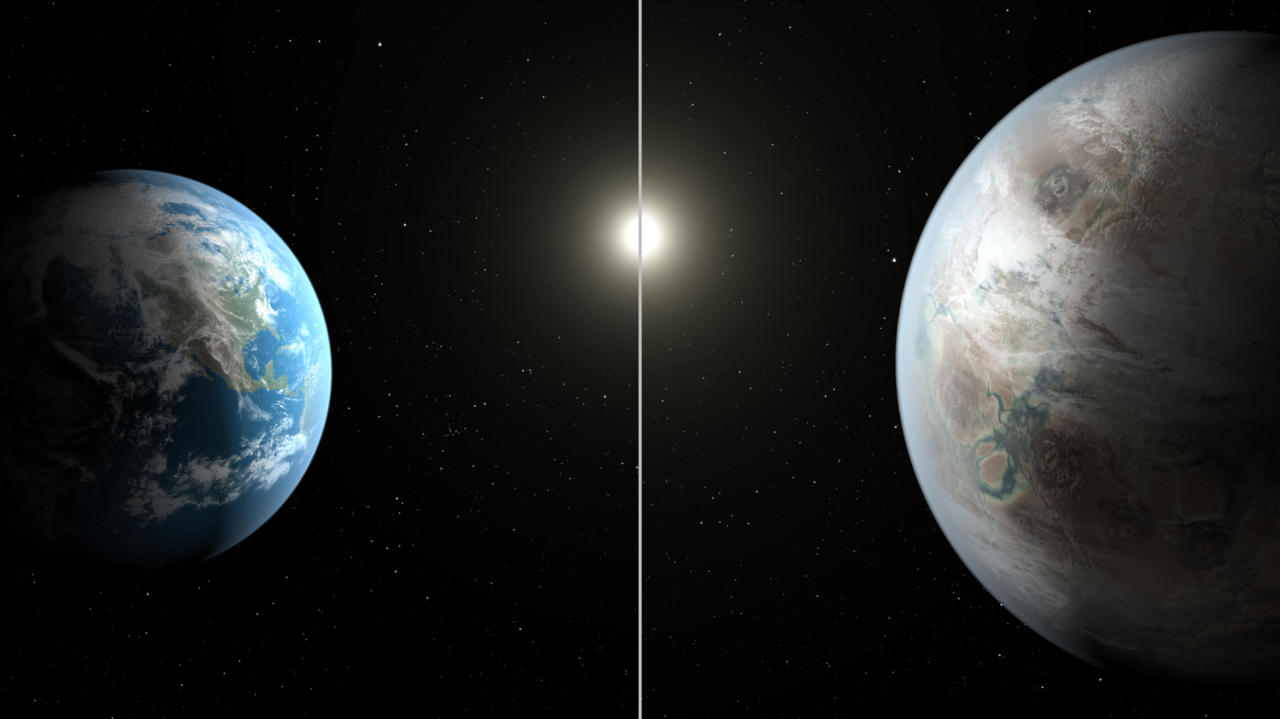 Earth compared to an artist's representation of Kepler-452b