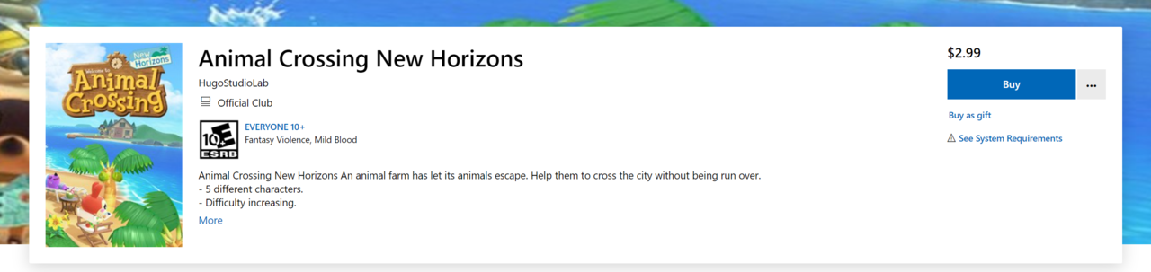 Microsoft Store listing for the fake Animal Crossing game.
