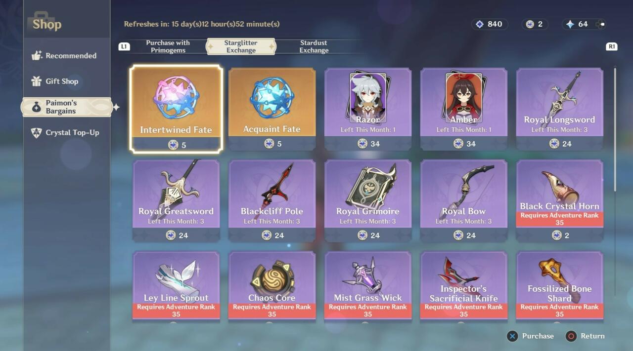 You can trade these under Paimon's Bargains in the shop for rare items, characters, and more Fates for rolls.