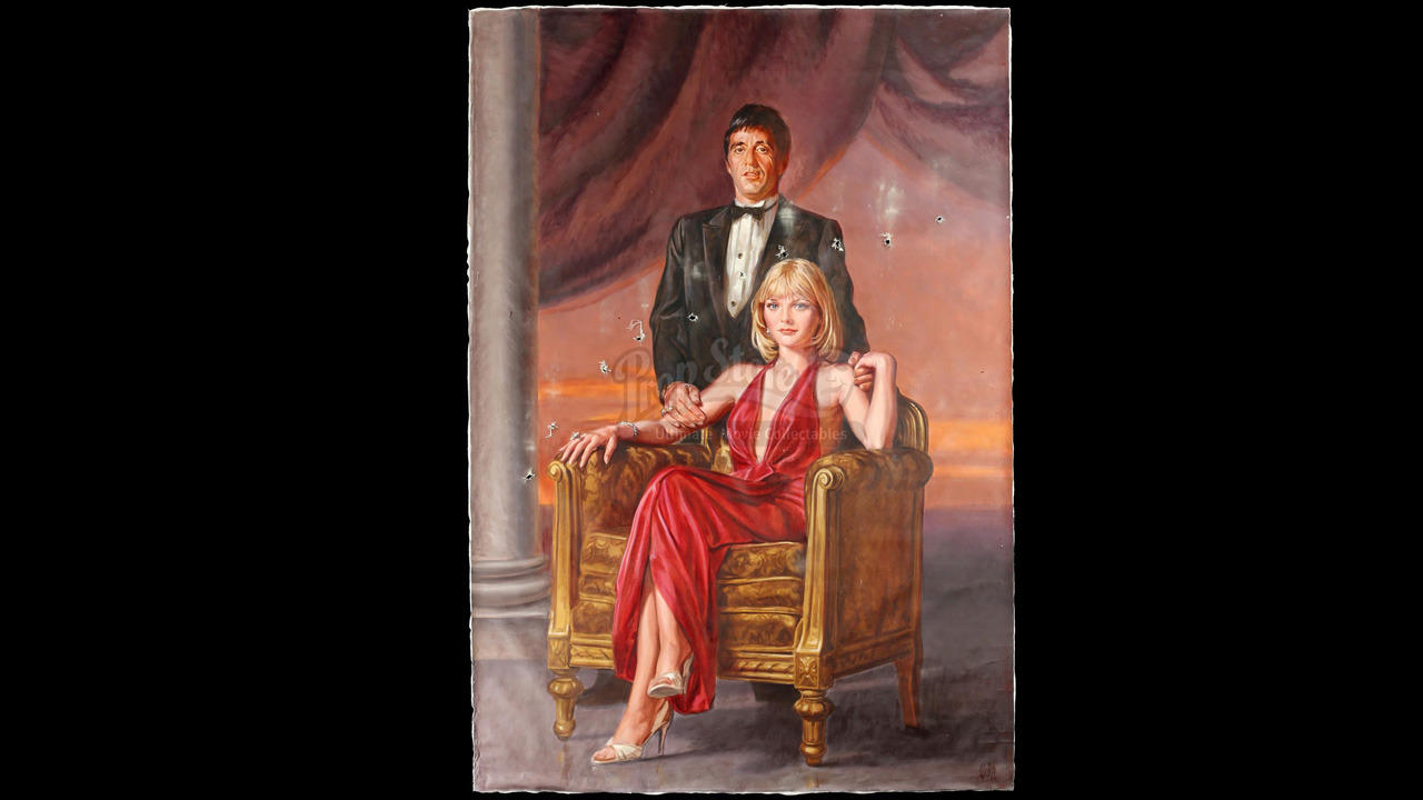 9. Hand-Painted Mansion Portrait of Tony Montana and Elvira Hancock