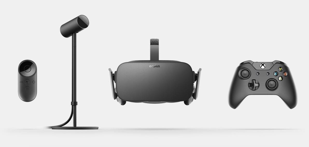 The Oculus Rift and its included accessories (Touch controllers not in picture).