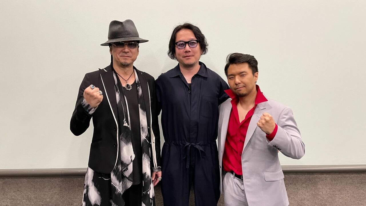 From left to right: Takaya Kuroda (Kiryu's Japanese VA), Hiroyuki Sakamoto (RGG Studio chief producer), Yong Yea (Kiryu's English VA).