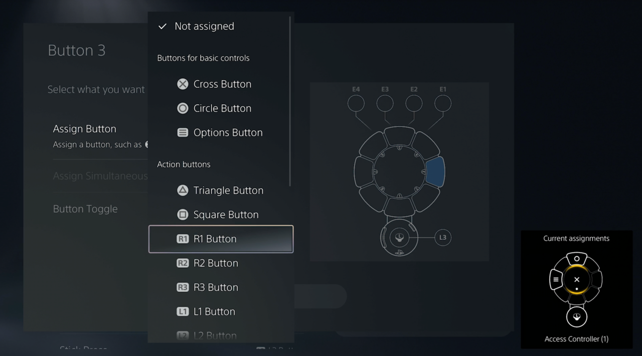 Setting button input bindings for the PlayStation Access controller through the dashboard.