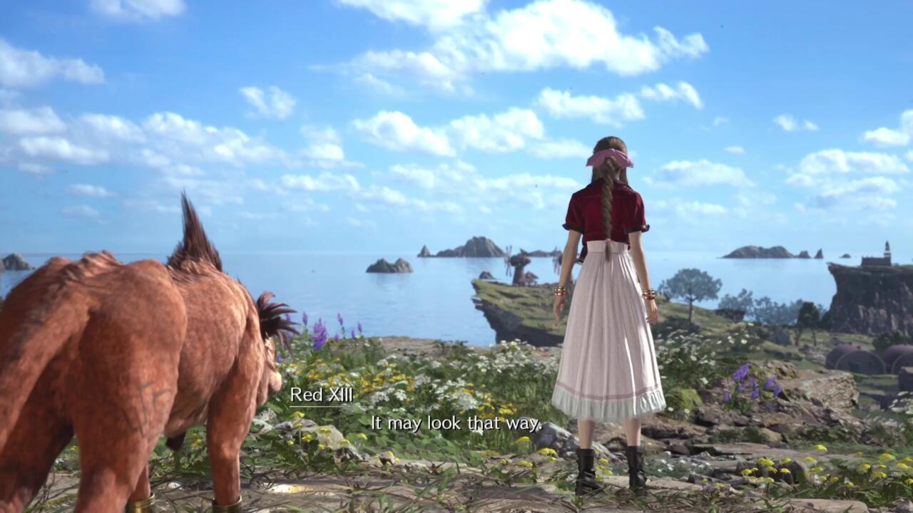 Aerith takes in the view as the party steps out into the Grasslands for the first time.