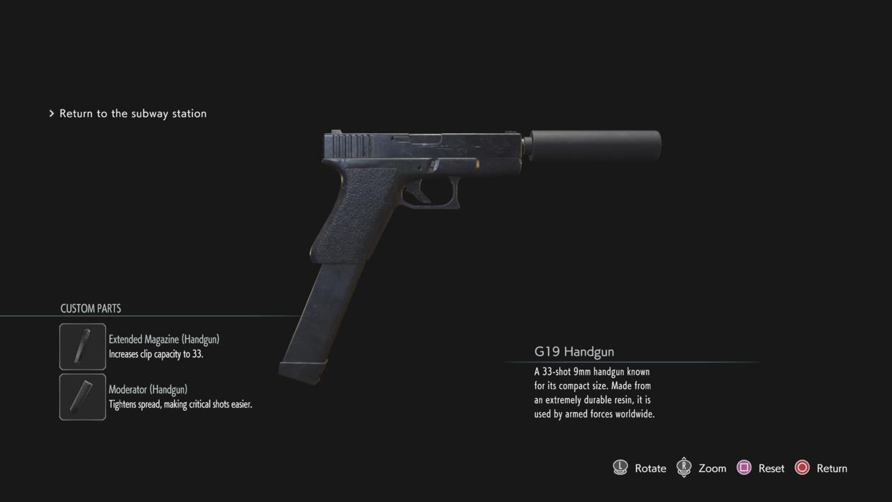 Jill's starter weapon, the G19 Handgun.