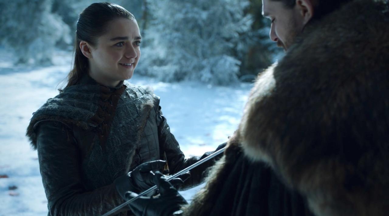 Arya and Jon's reunion in the godswood is happier in Season 8, but tinged with potential trouble.