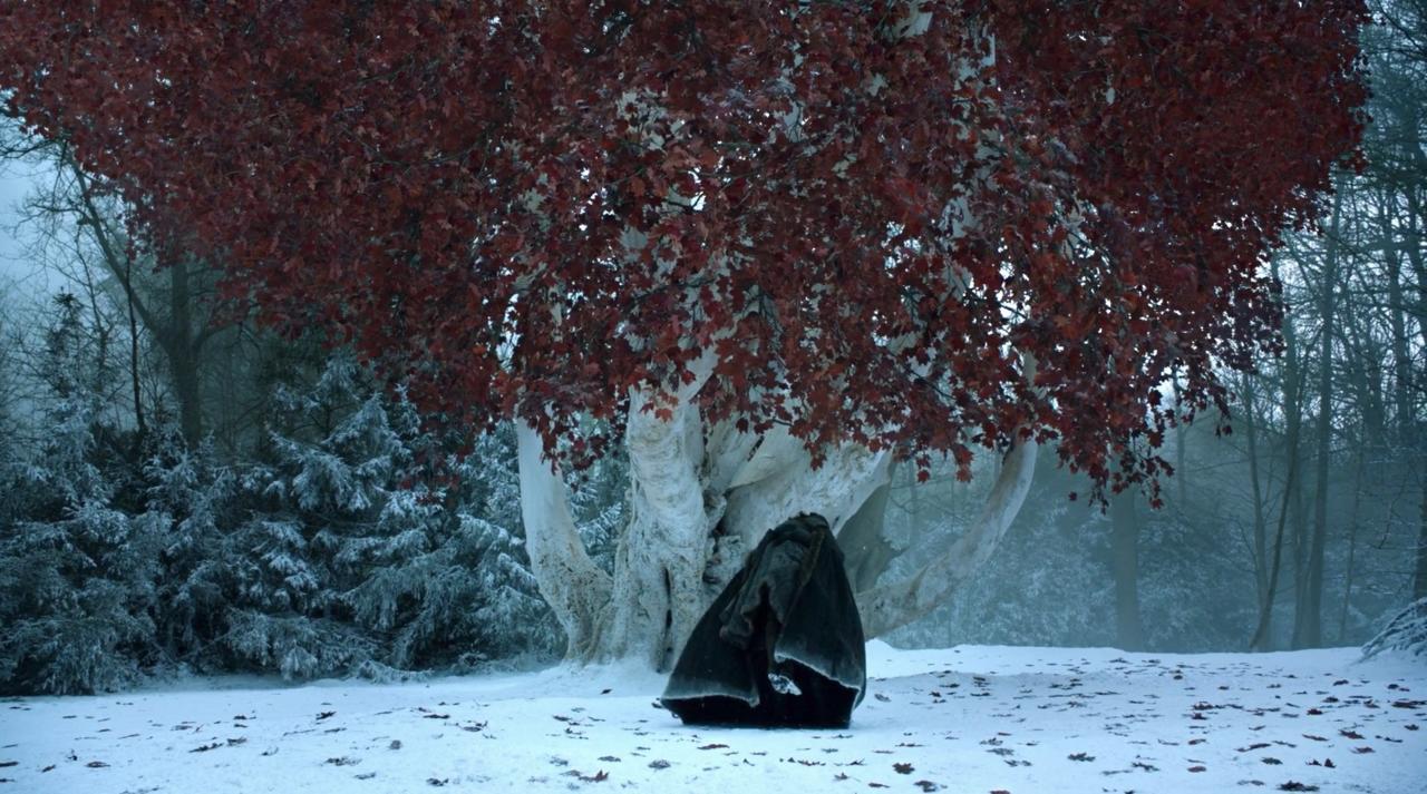 We see Jon return to the godswood in "Winterfell," honoring both his father and the Old Gods.