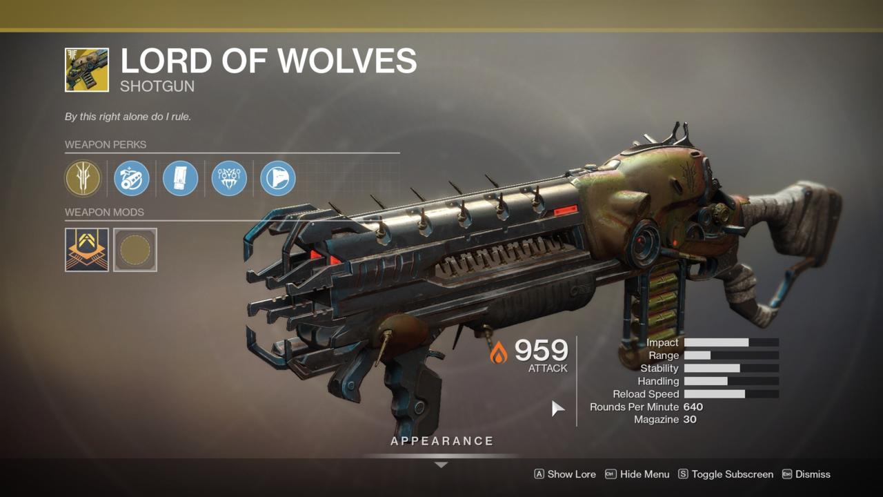 Lord of Wolves is a shotgun that can do a ton of damage with its burst-fire mode, making it great for PvP.