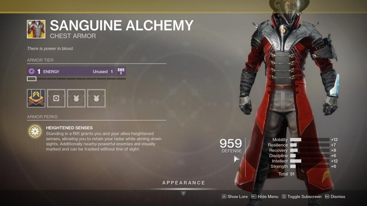 One of a few Warlock Exotics that power up your Rifts, Sanguine Alchemy can help make you and your teammates more effective.