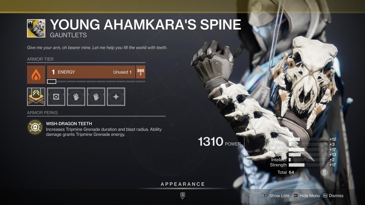If your wish is to have better Tripmine grenades, slap on a Young Ahamkara's Spine and get to work.