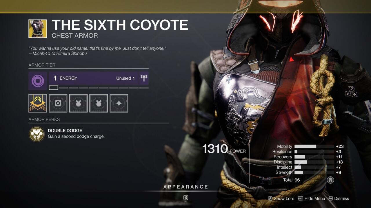 With Hunter dodge bonuses, The Sixth Coyote can make you tricky and deadly to fight in the Crucible.
