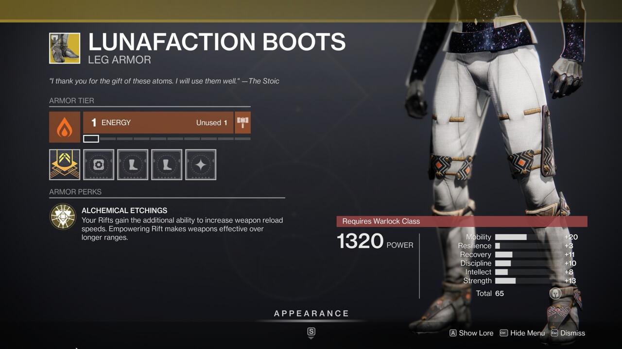 Lunafaction Boots boost weapon reload speed in your rifts, which can be extremely useful in dealing damage to tough PvE bosses.