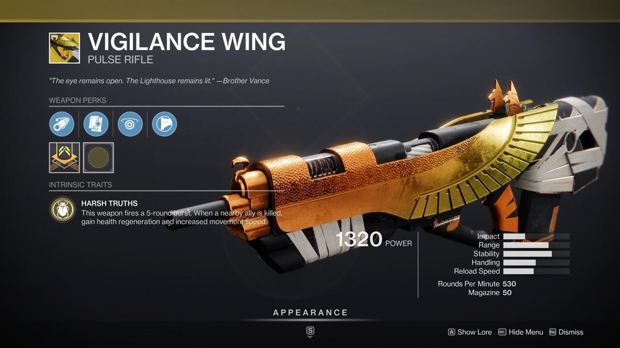With a five-round pulse burst and solid range, Vigilance Wing is a reliable pulse for taking down enemies in PvP. Its real benefits come when your teammates die, however.