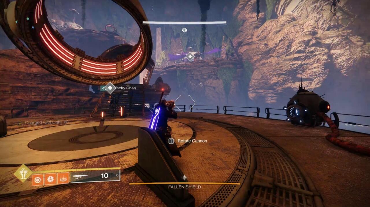 Use these launchers to get around the area, and after you kill Servitors, use the launchers to fire them at the Fallen Shield above.