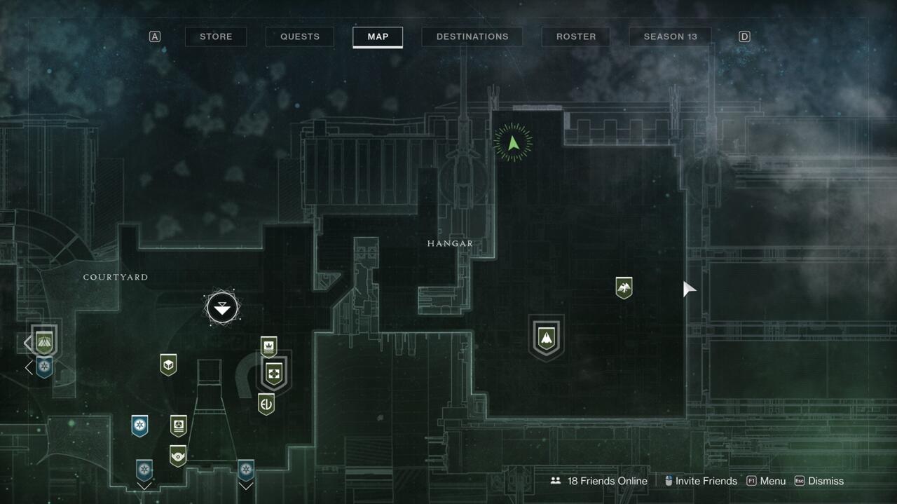 Find Xur at the north end of the Hangar, on a small catwalk near the area's edge.