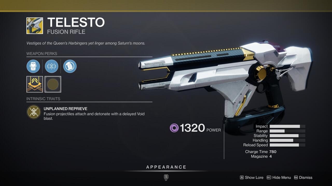 Telesto is always a reliable option, whether in PvE or in the Crucible, thanks to its high damage and sticky fusion projectiles.