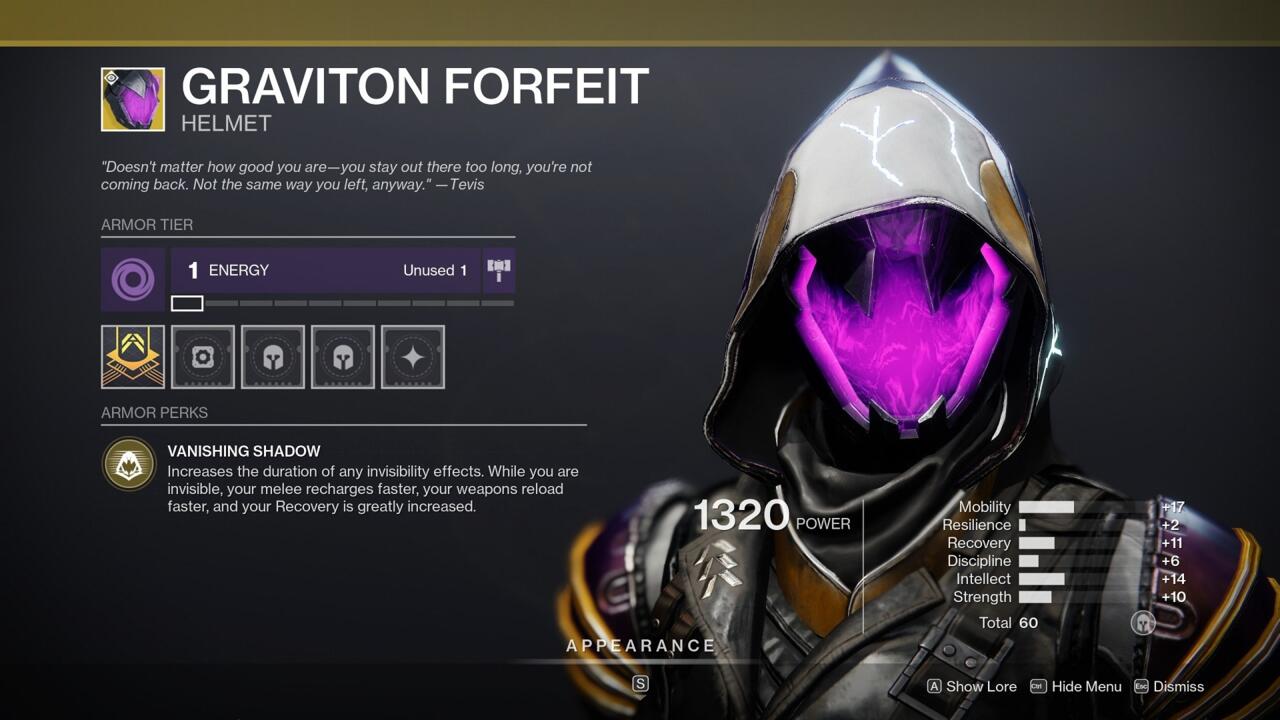 Boost your invisibility with Graviton Forfeit, which makes everything last longer and makes you recover faster, reload faster, and charge melee energy more quickly when invisible.