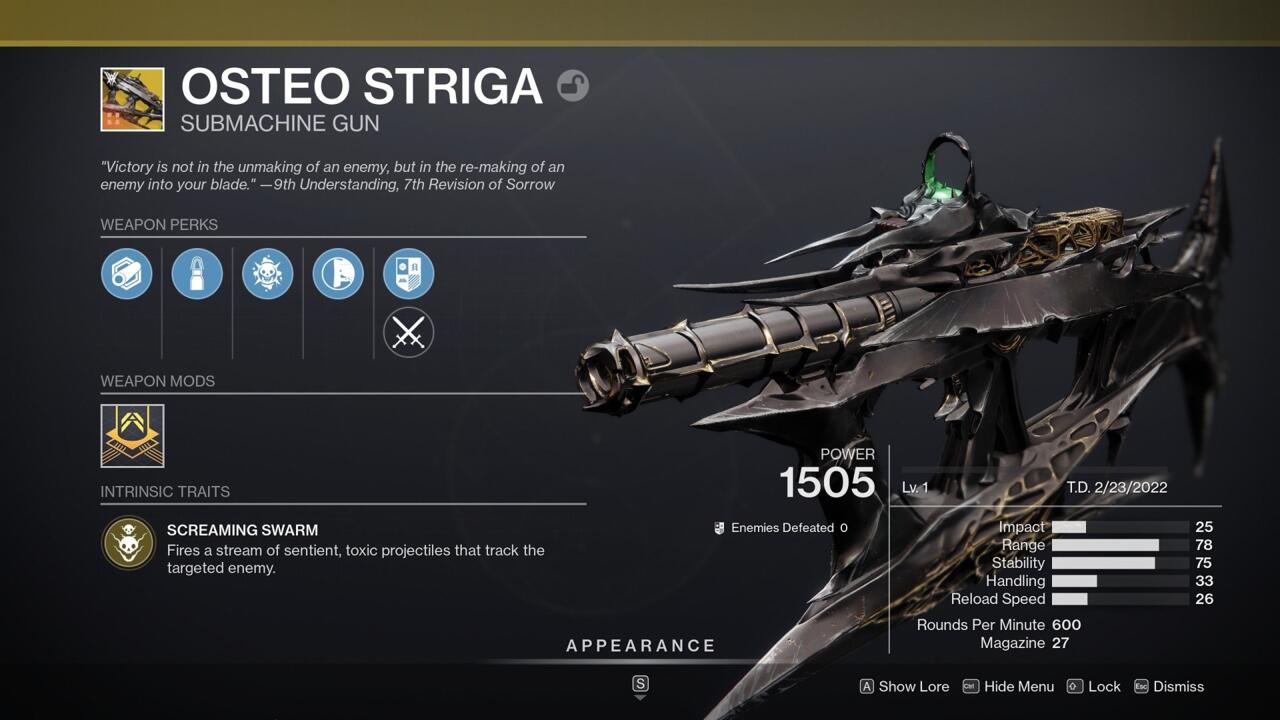 Osteo Striga is basically an SMG version of Thorn, sending waves of poison through the enemies you kill with it.