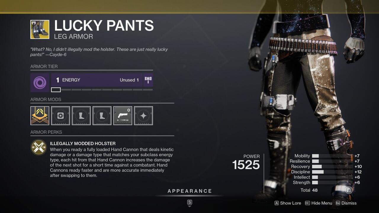 Lucky Pants boost your hand cannons significantly, turning you into a serious gunslinger.