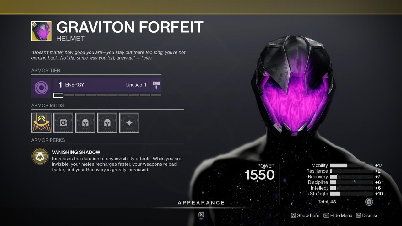 Enhance all your spiffy new Void 3.0 invisibility effects with Graviton Forfeit.