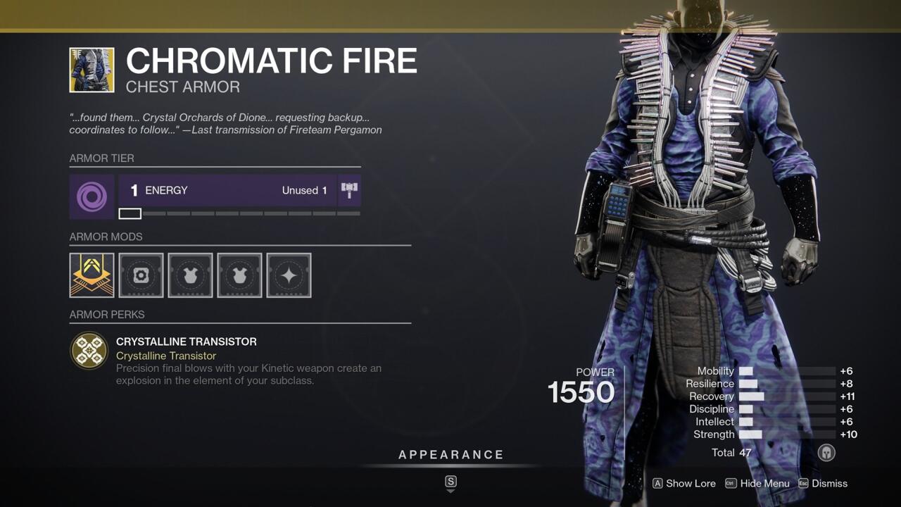Chromatic Fire gives all your Kinetic precision kills a Dragonfly-like explosion.